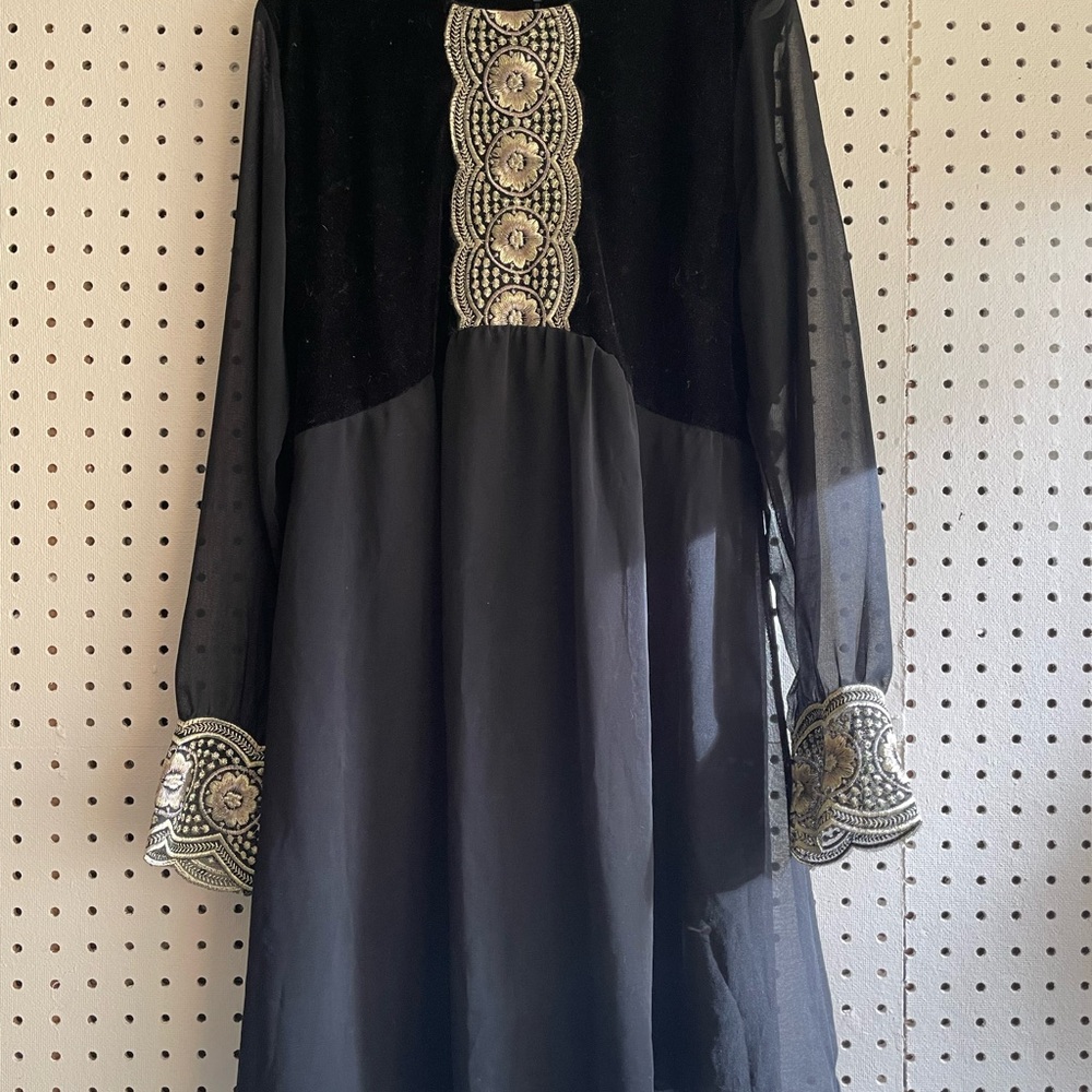 Black Babydoll Dress with Gold Embroidery